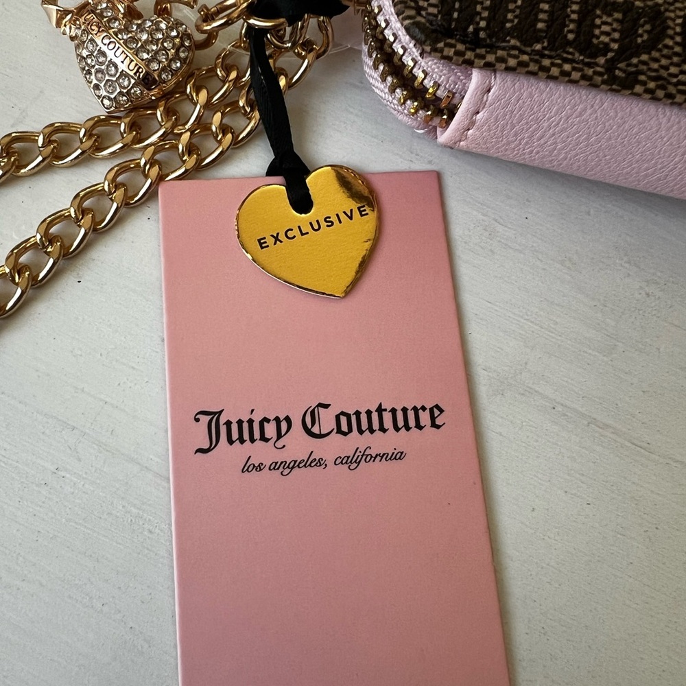 Luxe Juicy Couture Square Zip-Around Wallet Pink Taupe Brown Ribbon Heart Charm - Picture 8 of 10